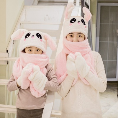 抖音同款網紅兔子耳朵會動的帽子女秋冬兒童兔耳朵帽圍巾壹體女童
