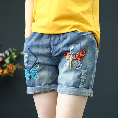 literature Retro Light colour Embroidery Easy cowboy shorts Frazzle leisure time washing Show thin Elastic waist Straight pants