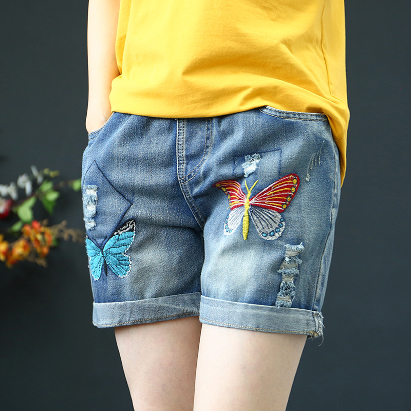 literature Retro Light colour Embroidery Easy cowboy shorts Frazzle leisure time washing Show thin Elastic waist Straight pants