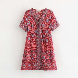 2020欧美风春夏女装新款批发红色白兰花短款连衣裙