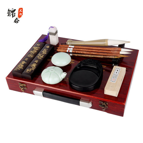 Jintai Culture Stationery Four Treasures Gift Box Set Including Large, Medium, and Small Calligraphy Brushes, Ink, Paper, and Inkstones with Custom LOGO