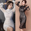 Half high collar perspective lace stitching medium length slim dress