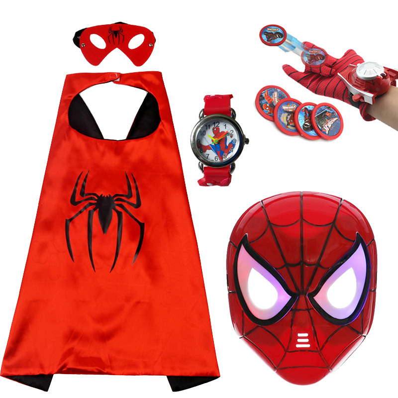 Spider-Man capa brillante máscara de Halloween niños dibujos animados juguete anime lanzador guantes reloj traje