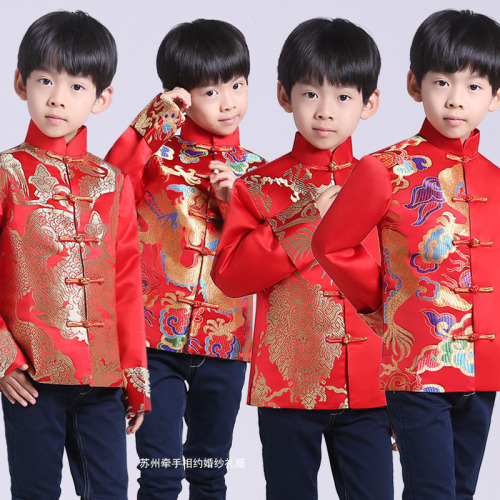 Boy kids Chinese Dragon Tang suit  coat  chinese birthday party festival new year celebration jackets for baby traditional Chinese costumes host singers outwear 