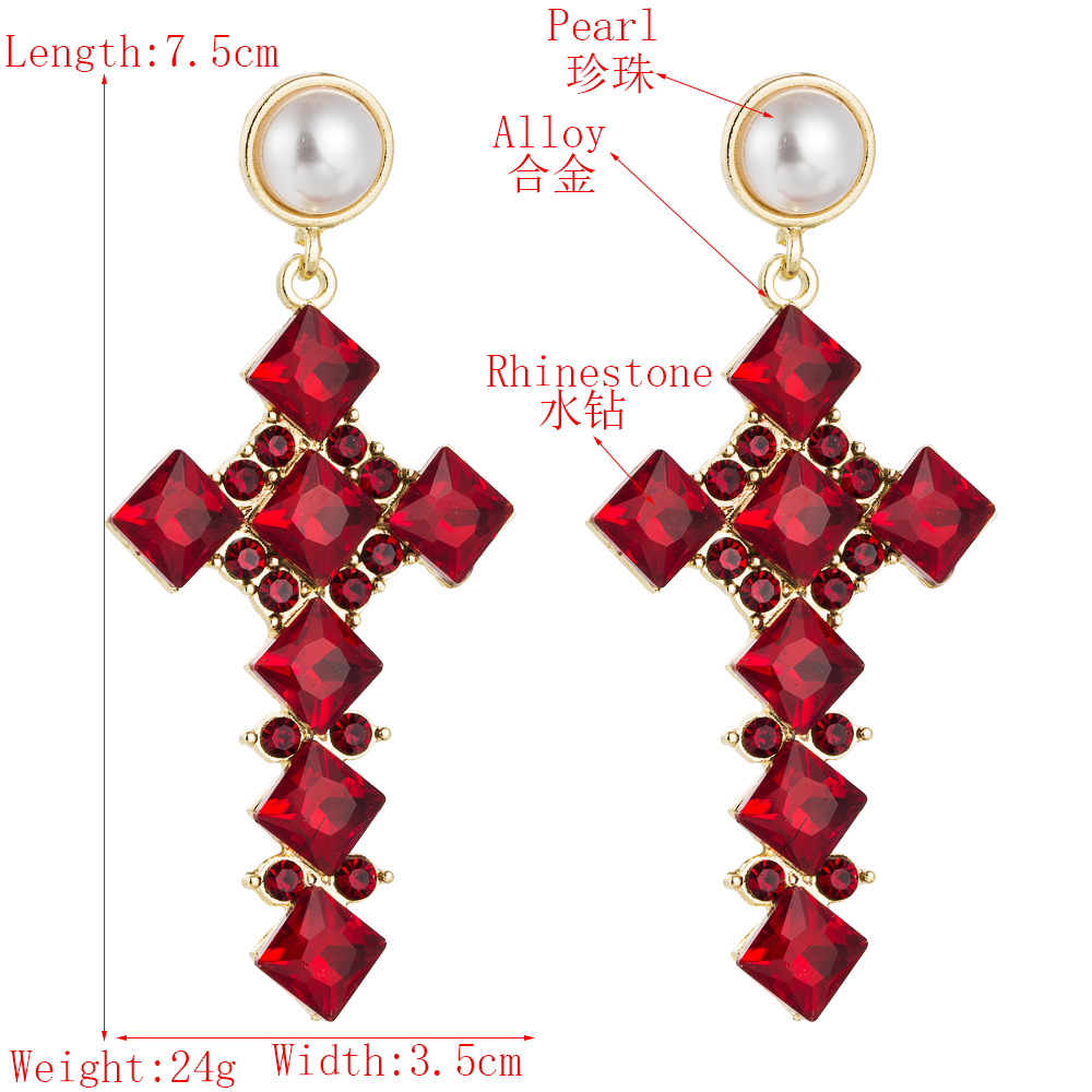 Vintage Pearl Earrings Female Alloy Diamond Cross Long Jewelry display picture 1