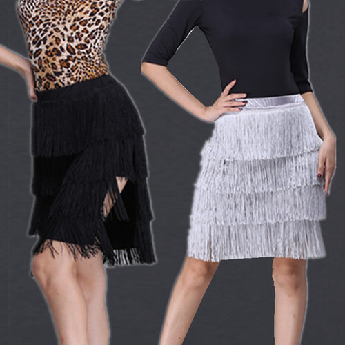 New Latin Dance Half-length Encrypted Fringe Short Skirt for Women Adult Square Dance Silver Asymmetrical Skirt Bottom Summer
