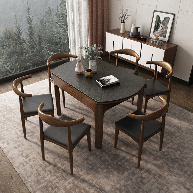 北歐餐桌椅組合客廳樣品房可伸縮折疊大理石餐桌小戶型火燒石飯桌