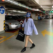 实拍2019女装 秋季韩系BF风宽松口袋条纹长袖防晒衬衫女