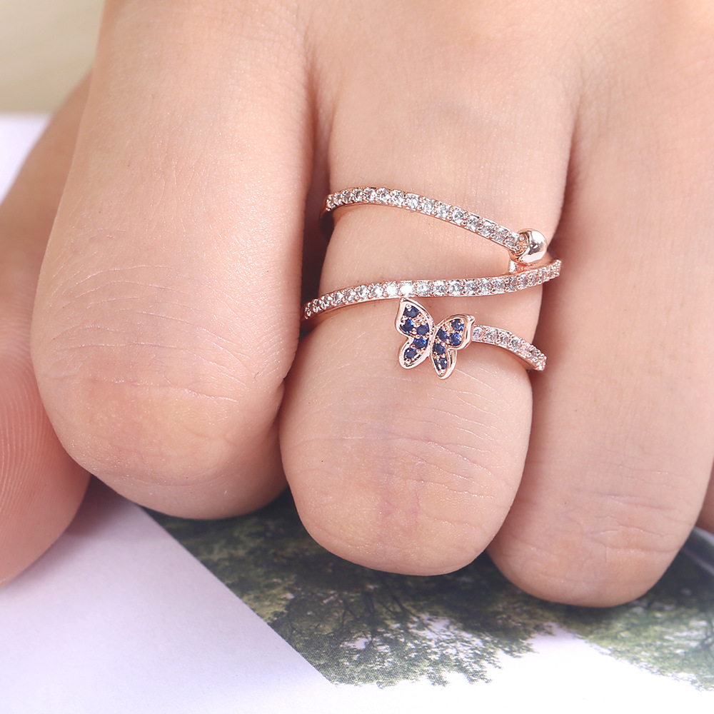new creative blue butterfly shape micro-set zircon fashion ladies copper ring