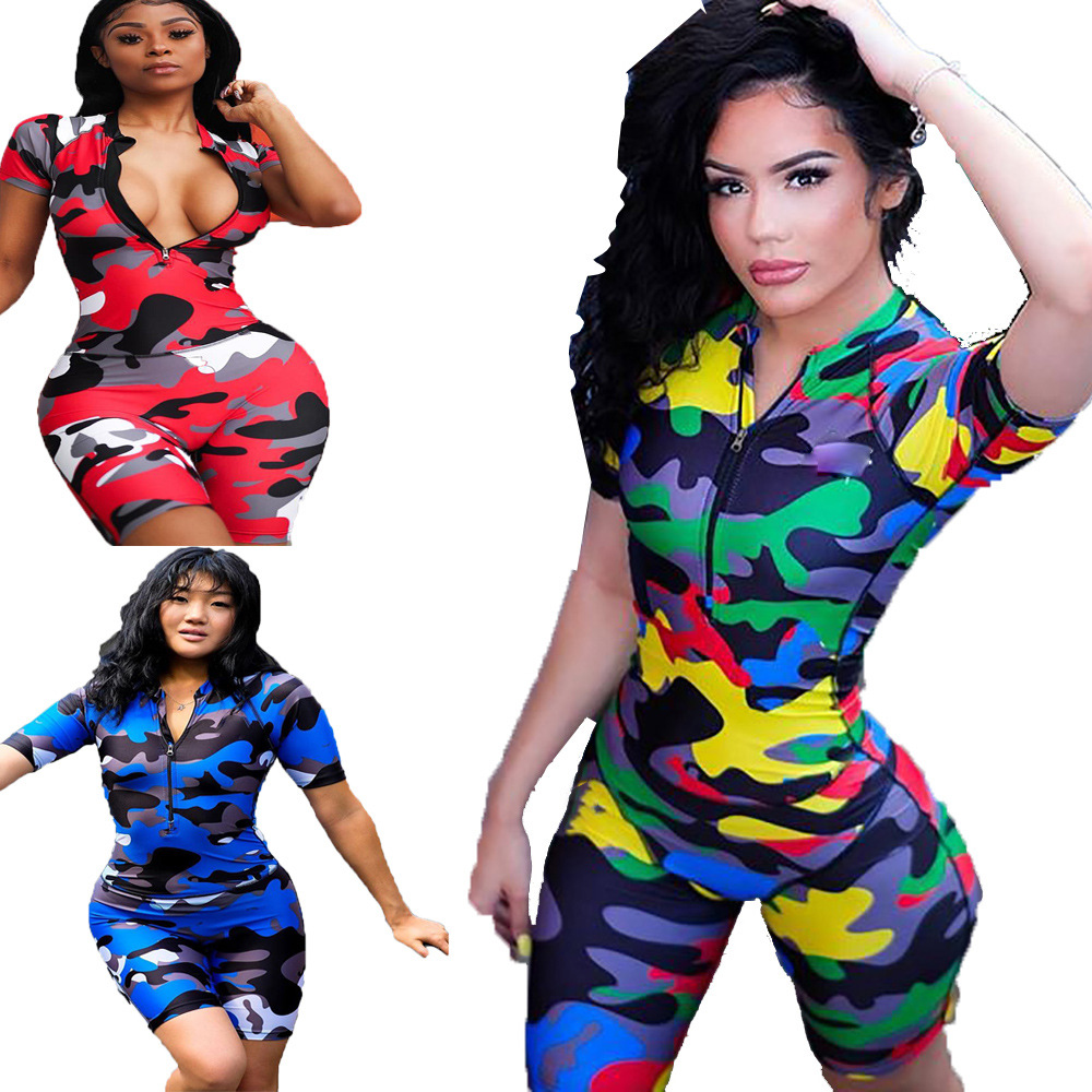 2021爆款补货黑人风女装套装迷彩印花短袖包臀连体裤紧身衣大码