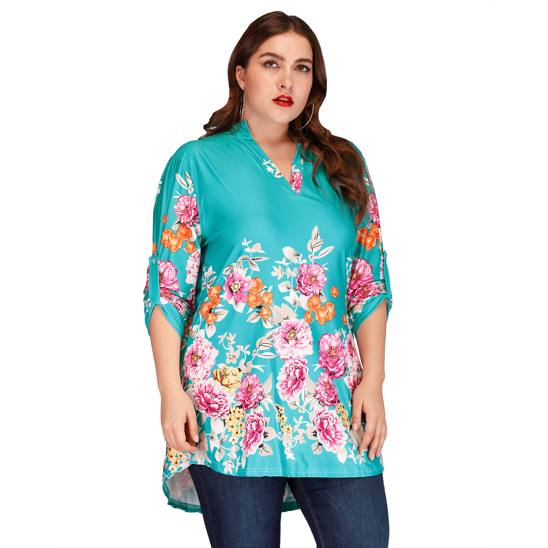 Large Size Peony Flower Print Irregular T-Shirt NSOY27407