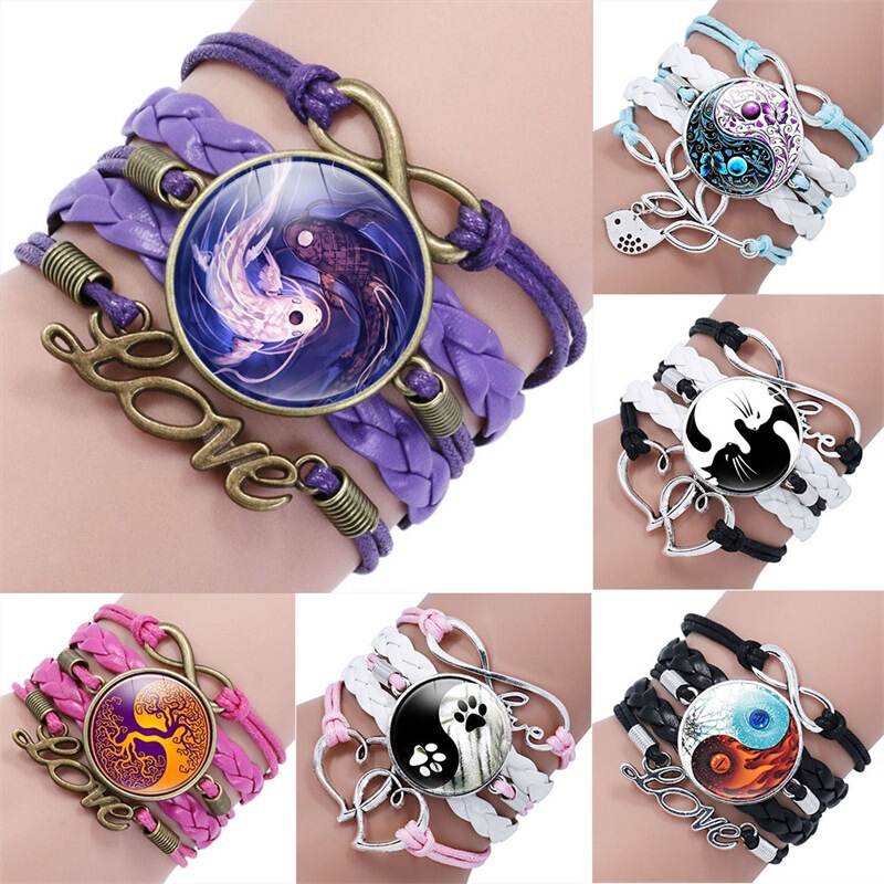 Chinese Style Accessories Yin Yang Tai Chi Eight Diagrams Cat Footprints Hand-woven Multi-layer Time Gem Leather Bracelet