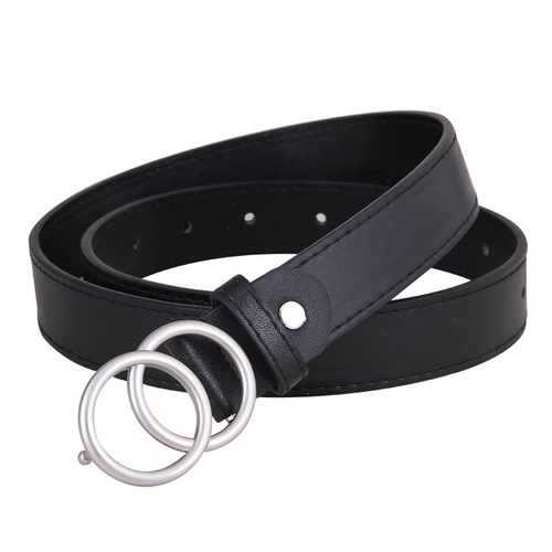 Belt for women with double round buckle for youth, simple and versatile, black Korean student denim belt, trendy fashionable personalized trouser belt