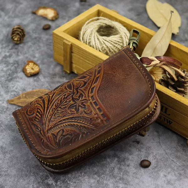 Top Layer Cowhide Plaster Bark Vegetable Tanned Leather Key Case Business Multifunctional Card Holder Driver's License Waist Trailer Key Case for Men