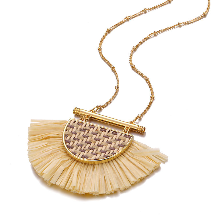 欧美跨境新款项链波西米亚风拉菲草米珠花项链PP草首饰女士