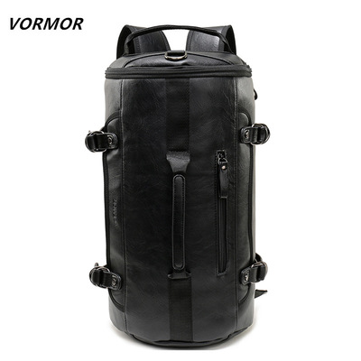 新款雙肩背包男2019秋冬休閑時尚單肩斜挎旅行圓筒大容量