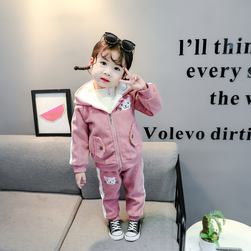 Kinderkleidung 2020 Winter Mädchen Plüsch Baumwolle zweiteiliges Cartoon-Cord-Set, Baseballjacke für_voghion.com