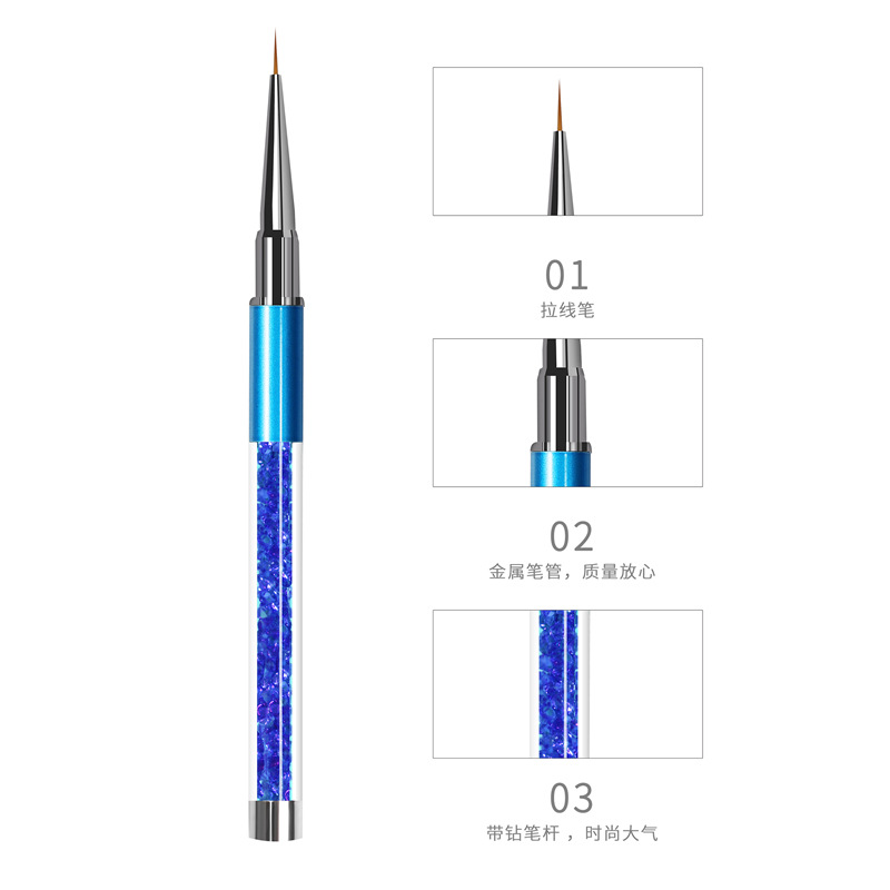Herramientas de uñas directas de fábrica varilla de metal de tres colores pluma de dibujo de uñas con cepillo de pintura de talla de uñas de diamante