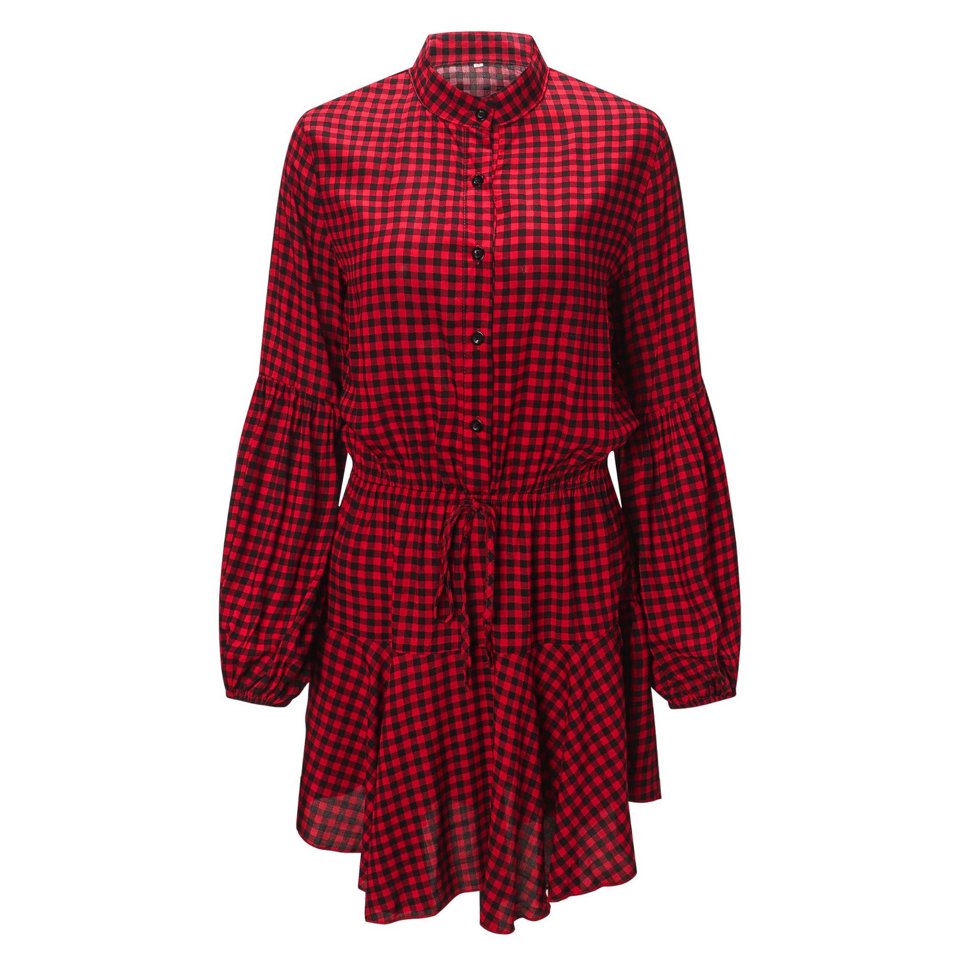 Red Plaid Waist Long Sleeve Dress NSJM80041