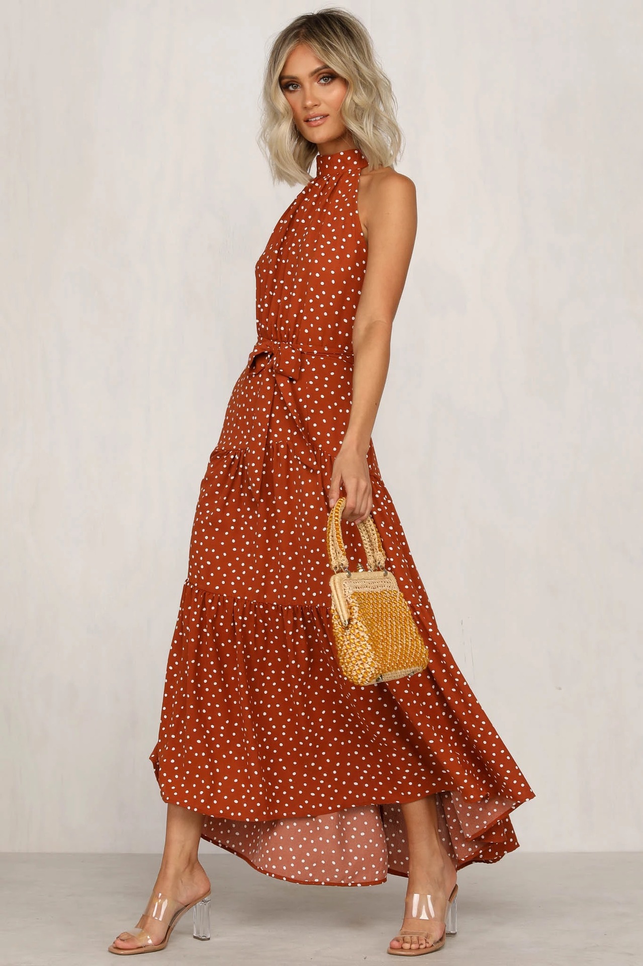 summer new women s polka dot round neck mid-waist sleeveless ruffled flounce dress NSYD3859