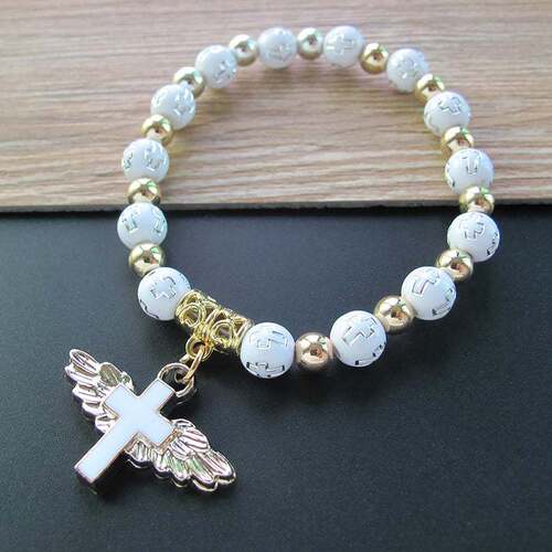 2pcs Angel Wings Acrylic Cross Bead Bracelet Oil Drop Angel Baby Baptism Cross Rosary Bracelet