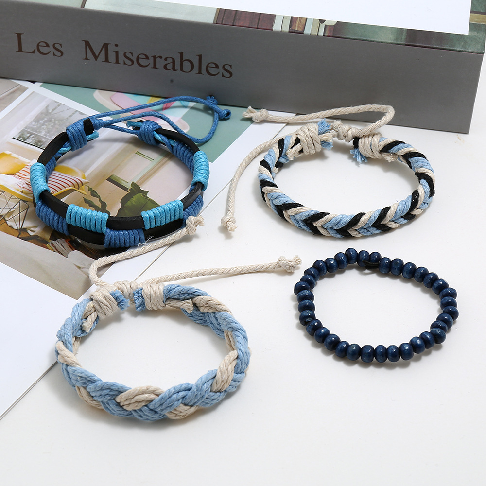 Hemp rope woven bracelet simple wooden beads four-piece cow bracelet