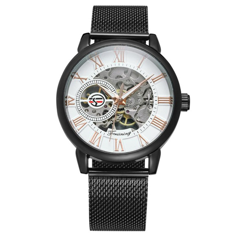 Forsining Fusini reloj mecánico manual para hombre Golden Hollow-out transparente inferior Milan metal malla Correa reloj 099