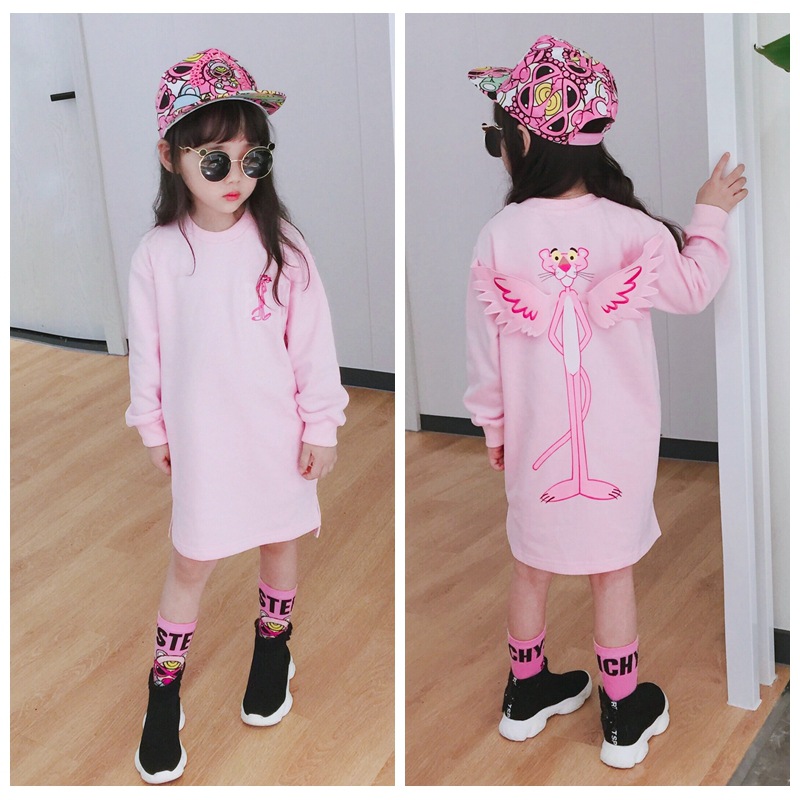 女童秋季连衣裙粉色天使翅膀卡通纯棉长袖裙子潮范粉红豹连身裙