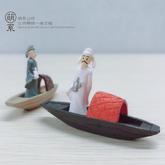 仿真小船李白卡通擺件 苔蘚微景觀裝飾擺件 PVC人物公仔李白手辦