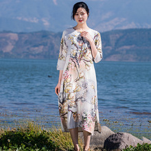 棉麻女装春季新款连衣裙国风复古改良旗袍中国风花卉印花长袍批发