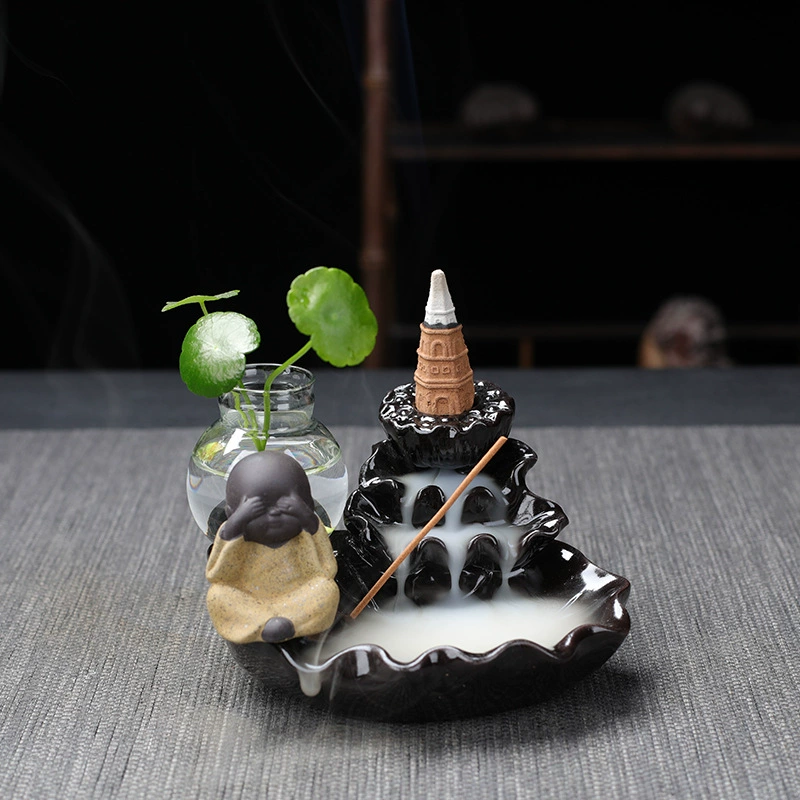  ceramic backflow incense burner (zisha) with xiao monk, flowing water design, home & office