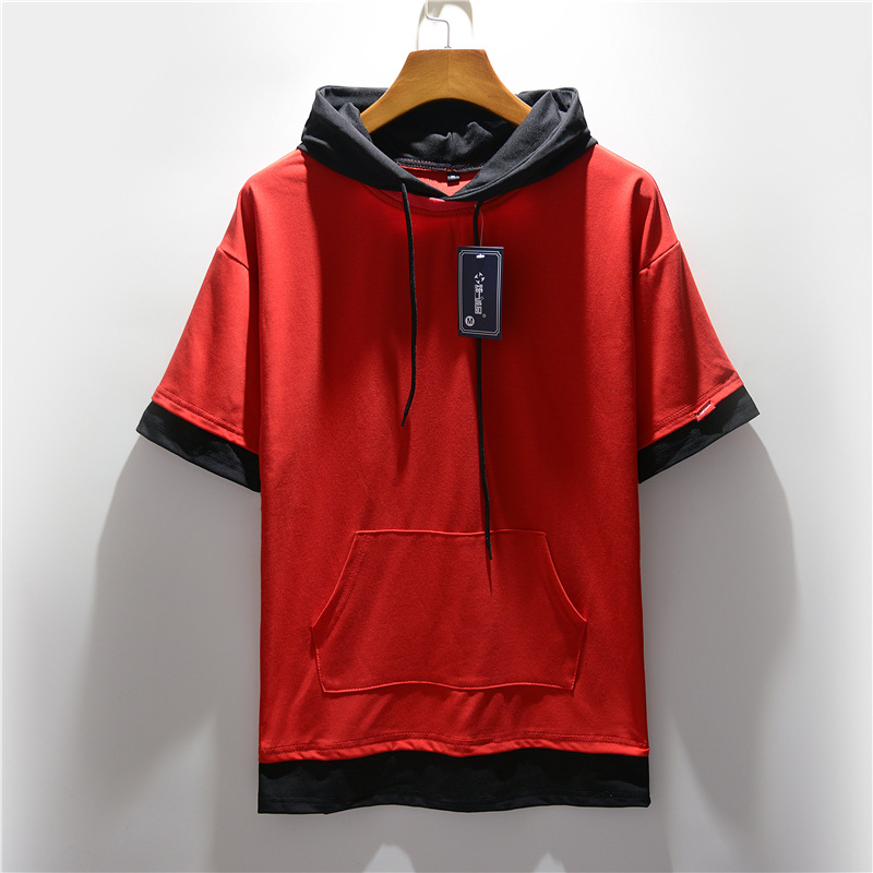 Summer new men's large hooded color matching short sleeve T-shirt casual loose large pocket T-shirt half sleeve men's top