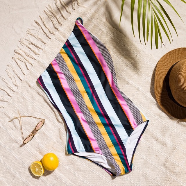 sexy belt breast cushion gathered one-piece striped bikini swimsuit