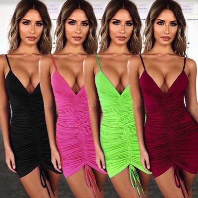 Women V-neck sling dresses stretch sexy nightclub bar party bag hip skirt tight-fitting pleated drawstring suspender dress