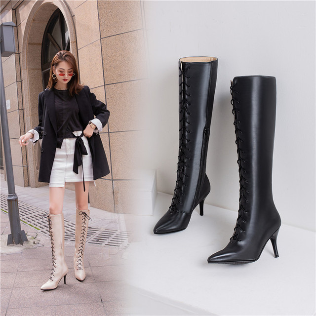 Versatile women’s boots Satin Pu sexy pointy bandage show thin long tube Roman cool boots fashion sexy party shoes