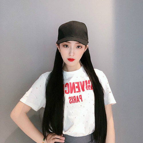 The same style of Kuaishou hat and wig integrated female Internet celebrity black long straight hair chemical fiber headgear manufacturer wholesale agent