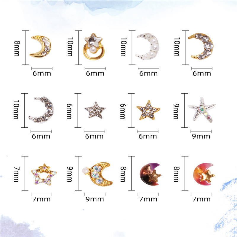 Fábrica directa uñas arte aleación joyería 12 rejilla disco Luna estrella uñas arte rhinestone perla rhinestone uñas arte
