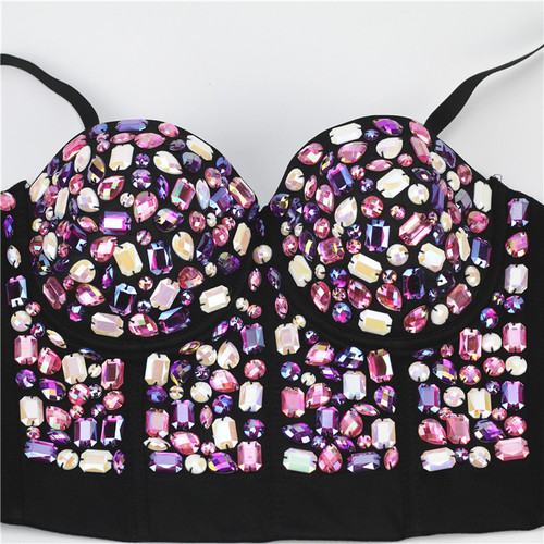 Women's Diamond bling jazz dance bra tops Colorful jewel sling top with sexy off shoulder nail beads bra pad vest