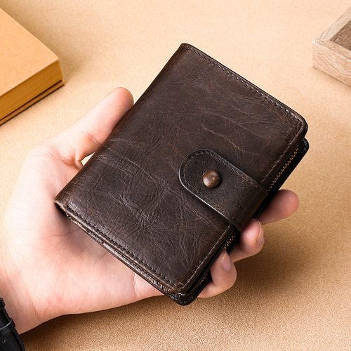 European and American cross-border Crazy Horse leather multifunctional men's wallet Genuine leather RFID buckle casual retro short wallet