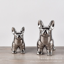 北欧摆件斗牛犬陶瓷摆件电镀银色可爱动物摆件创意家居装饰工艺品