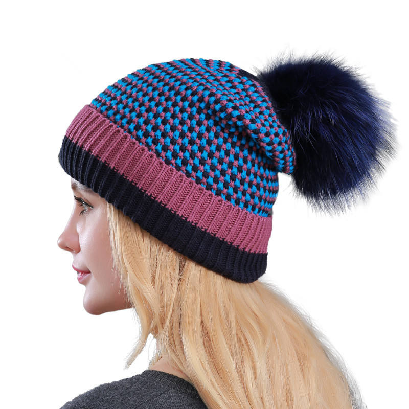 Knitted Versatile Winter Warm Plush Women's Woolen Real Raccoon Fur Ball Hat_voghion.com