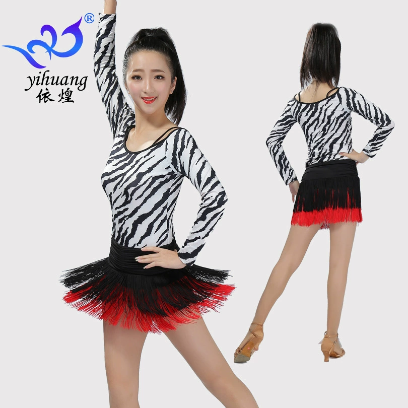 Костюм для Латинской практики с длинным рукавом Танцевальная кисточка Короткая юбка Костюм для латинских танцев Костюм для тренировок с длинным рукавом