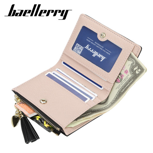 baellerry wallet women's short Korean style multi-card buckle coin purse cross pattern tassel zipper women's bag