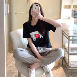 猪猪套装女张大奕同款俏皮百搭宽松T恤+休闲哈伦裤【厂家直销】