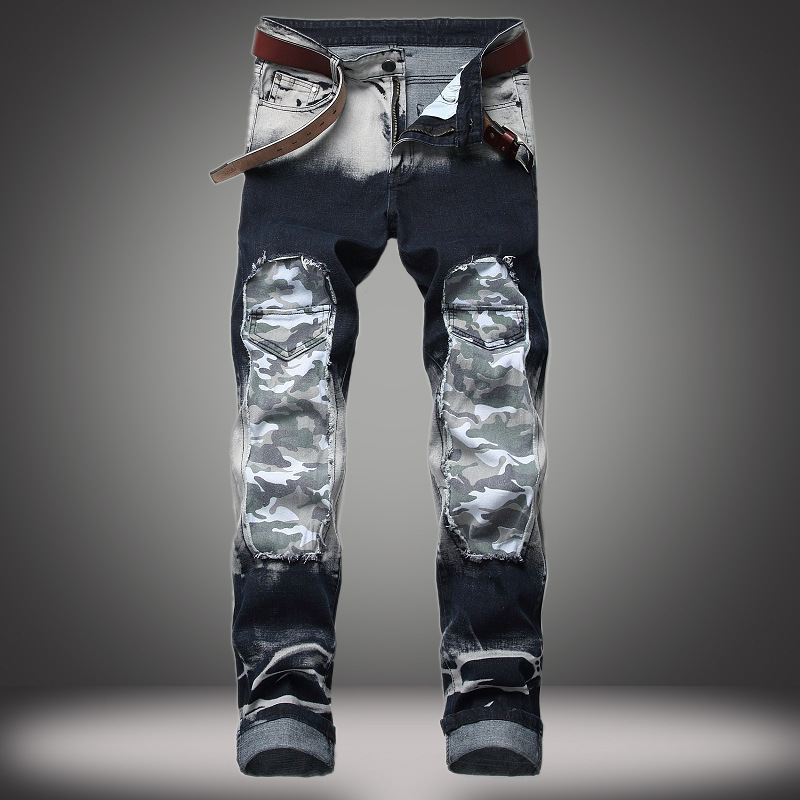 Men's Clothing Retro Denim Jeans For Men Distressed Color Blocking Stretch American Style Supply_viptrois.com