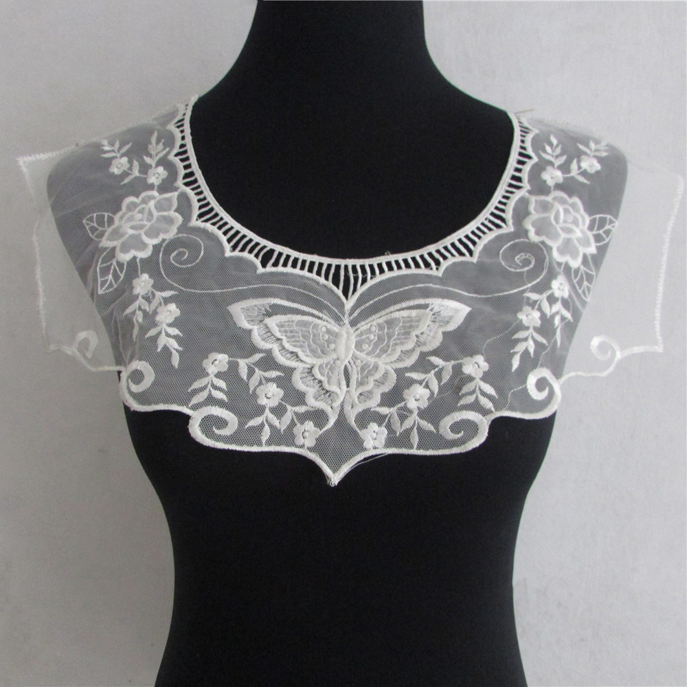 白色欧根纱刺绣蝴蝶蕾丝贴花衣领蕾丝花边DIY连衣裙辅料现货批发