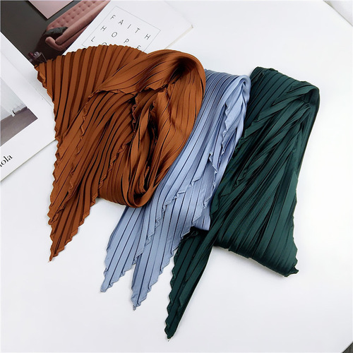 70 solid color pleated rhombus square scarf spring and autumn four seasons literary Korean style Japanese style small silk scarf versatile decorative small scarf for women