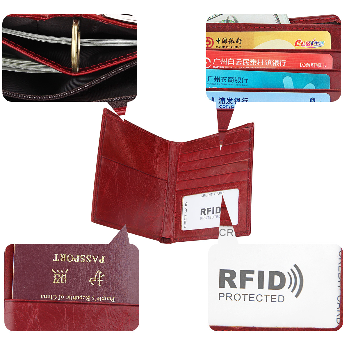 تبيع الشركات المصنعة بالجملة  Rfid للرجال والنساء مشبك جواز السفر للجلد متعدد الوظائف مجموعة بطاقات الاعتماد بالجملة display picture 3