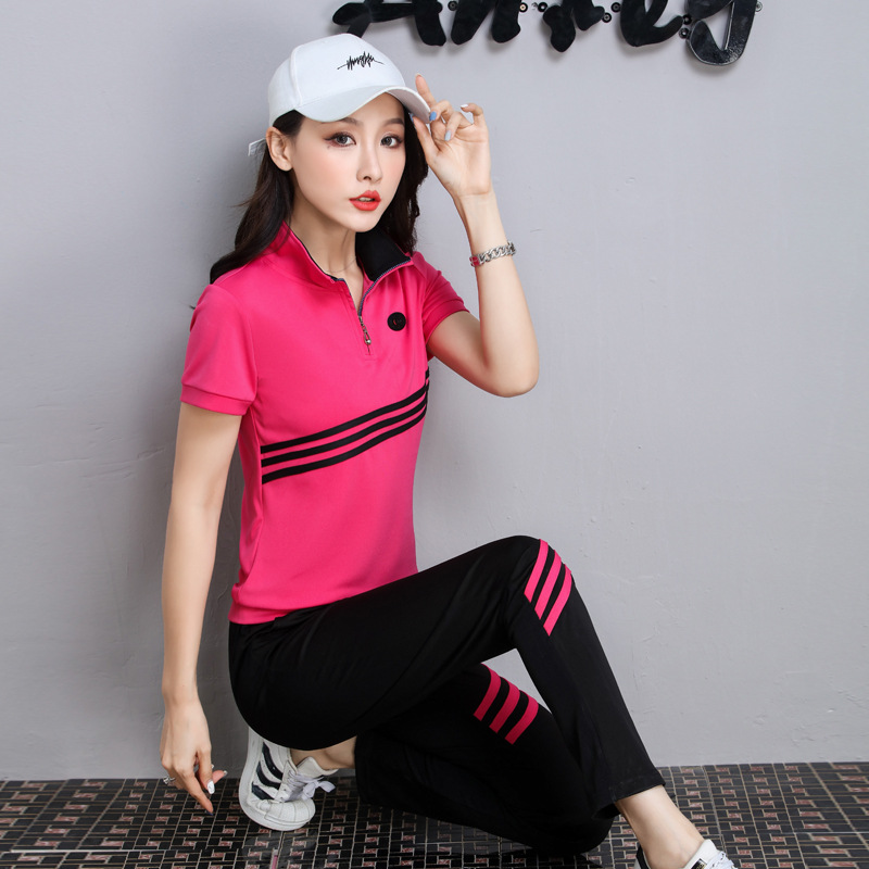 廠家直銷2019新款夏季短袖休閑運動套裝女兩件套跑步運動服女批發