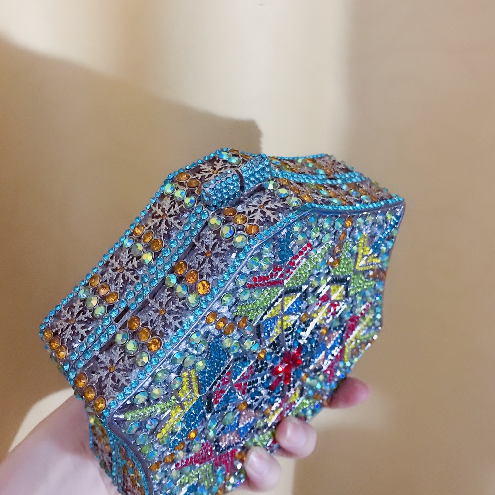 Túi clutch nữ đính pha lê kim cương bông tuyết, thiết kế hợp kim rỗng, làm bằng tay — Màu tím, Màu xanh lam, Ảnh tùy chỉnh được Cá nhân hóa, Màu đỏ hoa hồng chi tiết 33